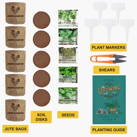 Indoor Herb Garden Starter Kit, 5 Non-GMO Herb Seeds - Basil, Parsley, Rosemary, Thyme, and Mint with Complete Planting Set Including Jute Bags, Markers, Soil Disks, Shears for Kitchen Herb Garden DIY