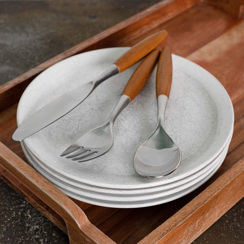 Avocrafts Flatware Silverware Cutlery Set, Stainless Steel, Teak Wood Dining
