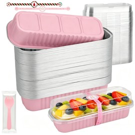 HEYDIUDIU - Paquete de 50 mini-sartenes para pan con tapas y cucharas, mini moldes para pasteles de 7.8 onzas para hornear, sartenes rectangulares de aluminio para pan, latas pequeñas de aluminio para