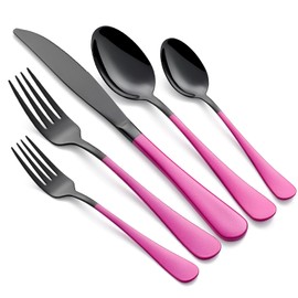 Onlycooker 20-Piece Purplish Red Silverware Set 18/0 Stainless Steel Black Silverware Set Purplish Red Handle Cutlery Black Set Service for 4 Dinner Knives Forks Spoons Flatware Set Dishwasher Safe
