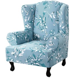 GAMUKAI Floral Printed Fleece Wingback Chair Slipcover - 1-Piece Super Stretch Wing Chair Cover, Elastic Bottom for Easy Fit, Modern Style Furniture Protector (Sky Blue)