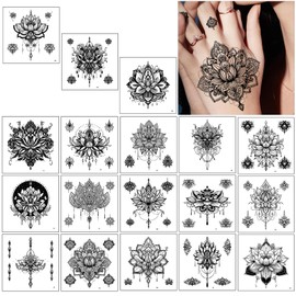 Qpout 18 Sheets Black Temporary Tattoos, Waterproof Fake Tattoo Kits for Women Girls, Lotus Mandala Flower Tattoo Stickers Neck Chest Arm
