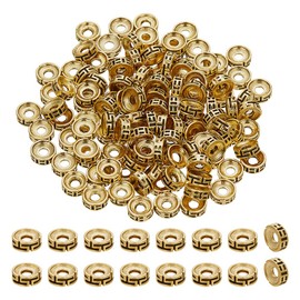 PH PandaHall 120pcs Antique Golden Spacer Beads Tibetan Style Beads Carved Flat Round Beads 7.5mm Rondelle Beads Metal Loose Beads for Jewelry Making Bracelet Necklace Earring DIY Crafts, Hole: 2.5mm