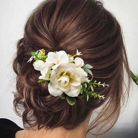Yheahin Bridal White Rose Flower Hair Comb Boho Handmade Floral Headpiece Wedding Flower Hair Accessories for Women Brides Bridesmaids (White 1)