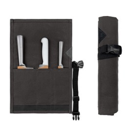 Under NY Sky Knife Roll Case - 3 Slots - Heavy Duty Waxed Canvas Pouch - Leather Reinforced - Portable Bag for Cooking Tools, Utensils, Cutlery Knives, Brushes - Chefs, Kitchen, Travel, Gift - GrayCV