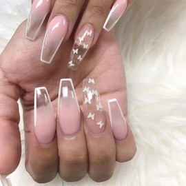 SINLOV 24pcs Coffin Fake Nails Nude Gradient Press on False Nails Butterfly Long Ballerina Artificial Finger Nails Full Cover False Nails Art Nail Tips for Women and Girls (Pink 5)…