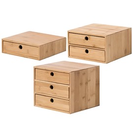Set of 3 Bamboo Organizer Desktop Drawers - 1, 2, 3 Drawer Storage Organizer Ideal for Desk Accessories, Office Supplies, Makeup Storage & More - Tabletop Wood Box Stackable Drawers