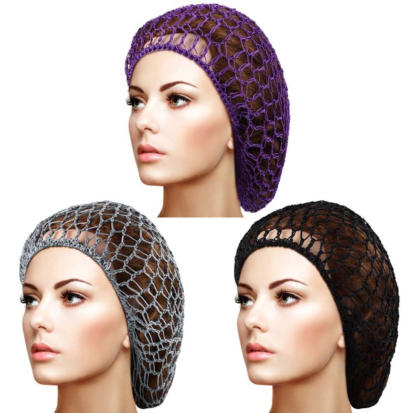 female 3 Pieces Mesh Hair Net Rayon Crochet Hair Nets Knit Snood Hat Crocheted Sleep Cap (Black, Gray, Purple)