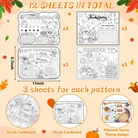 R HORSE 12pc Thanksgiving Passover Coloring Placemats, Disposable Paper Coloring Table Mats, Fall Turkey Dinner Placemats for Children's Crafts & Party Supplies