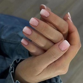 24Pcs Acrylic Press on Nails Short Square Fake Nails Pink Ombre False Nails with Nature Press ons Designs Nails Press on Artificial Nails Stick on Nails For Women Girls