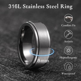 King Will 316L Stainless Steel Spinner Weding Ring for Men Women-8mm Gunmetal Gray Stress Relief Fidget Ring with Matte Brushed Surface Spinner Wedding Band Comfort Fit Size 10