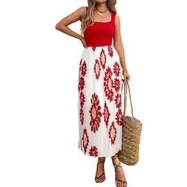 Mieazom Women's Sleeveless Pleated Maxi Dress Boho Floral Print Summer Sundress High Waist Flowy A-Line Casual Dress Red XL