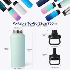 Neihepal Botella de agua aislada de 32 onzas con 2 tapas (tapa de popote y boquilla), botellas de agua de doble pared de acero inoxidable 18/8 para gimnasio, viajes, camping, deportes (niebla, 1