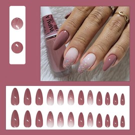 24 Pcs Summer Press on Nails Short Almond,YIHONGYAN Purple Fake Nails Press ons Ombre Sequins Glitter French Acrylic Nail Art Tip Kit Glue on Nails Full Cover False Nails Stick on Nails for Women