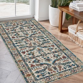 Joydeco Runner Rug 2x5 Non Slip Machine Washable Vintage Rug, Low Pile Non Slip Chenille Print Rugs for Doormat, Entryway, Bedroom, Kitchen and Corridor, Bathroom, Blue Beige&Brown