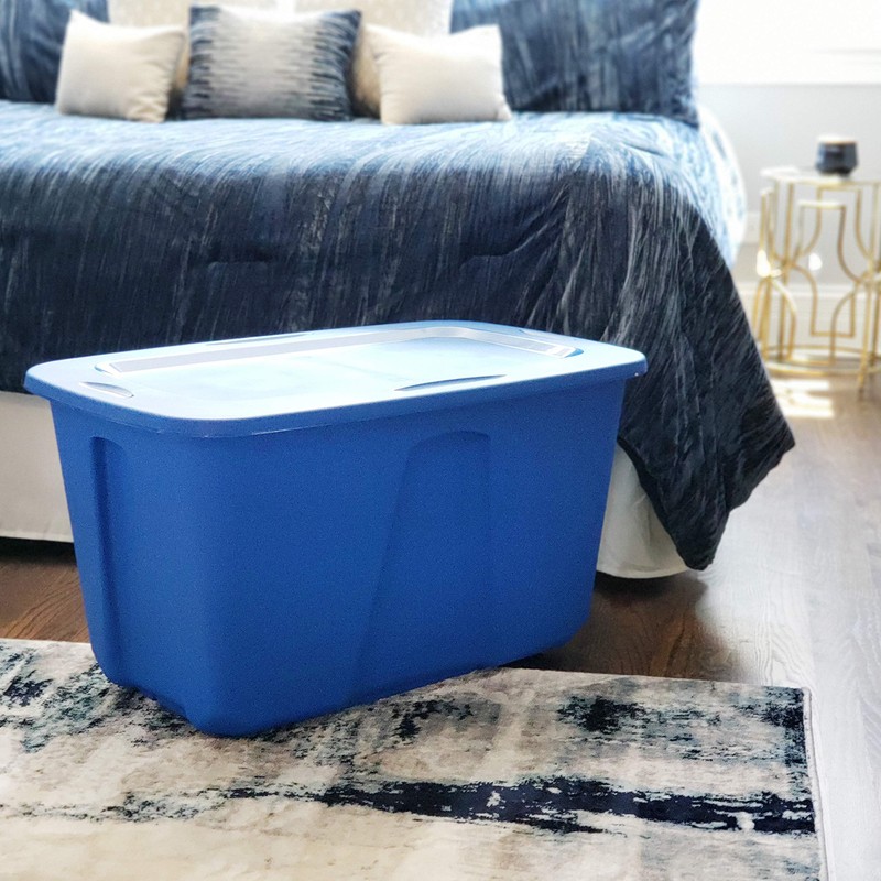 Homz Plastic Storage Tote with Lid, 32 Gallon, Blue, Stackable,