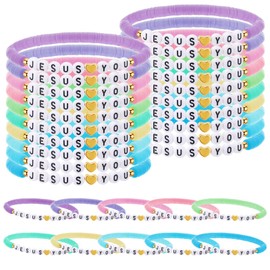 Landical 30 Pcs Jesus Loves You Bracelets Bulk Friendship Bracelets Clay Bead Christian Wristbands for Kids Religious Jesus Loves You Wristbands Halloween Christmas Sunday(Pastel)