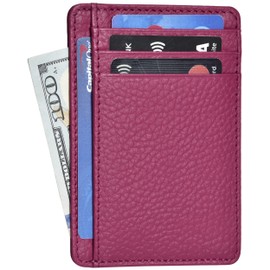 Real Leather Slim Minimalist Wallet for Men and Women -RFID Blocking Front Pocket Thin Credit Card Holder Stylish Wallets (Dark Pink)