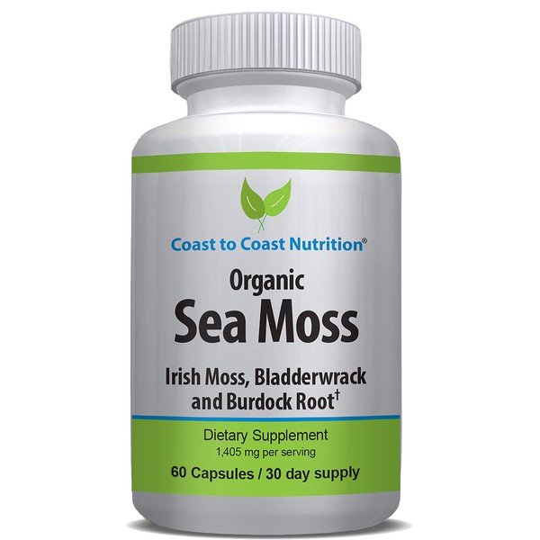Coast to Coast Nutrition Organic Irish Sea Moss Capsules with Bladderwrack and Burdock Root Supplement. Includes BioPerine for Maximum Benefits. 60 Vegan Capsules