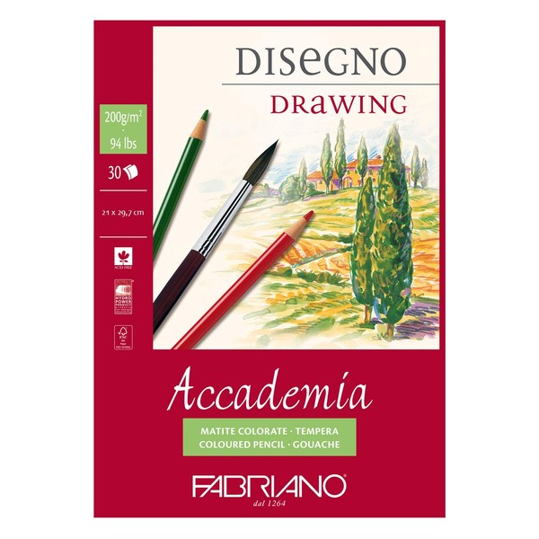 Honsell 41202129 - Fabriano Accademia Disegno, DIN A4, 200 g/m², 30 Blatt, weiß, hochwertiges, radierfestes Zeichenpapier, säure- und ligninfrei, für viele Maltechniken geeignet