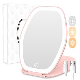 COSYGLOW Travel Makeup Mirror with Light: 3 Color Lighting Portable Mirror with Touch Screen Rechargeable Adjustable LED Lights Vanity Hexagon Mirror for Travel, Desk, Home (Pink, 1 Mirror)