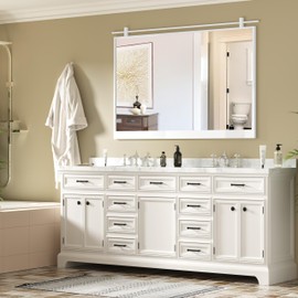 MYTHFUL 40x28 Inch Rectangle Bathroom Vanity Mirror for Wall Mounted Over Sink Farmhouse Rustic White Frame Barn Door Mirrors Foyer Entryway Decor