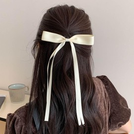 Sttiafay Hair Ribbons for Women Long Tail Ribbon Hair Bows Clip White Satin Bow Barrettes Ribbon Tassel Hair Accessories Silky French Hair Bowknot Barrettes Headdress