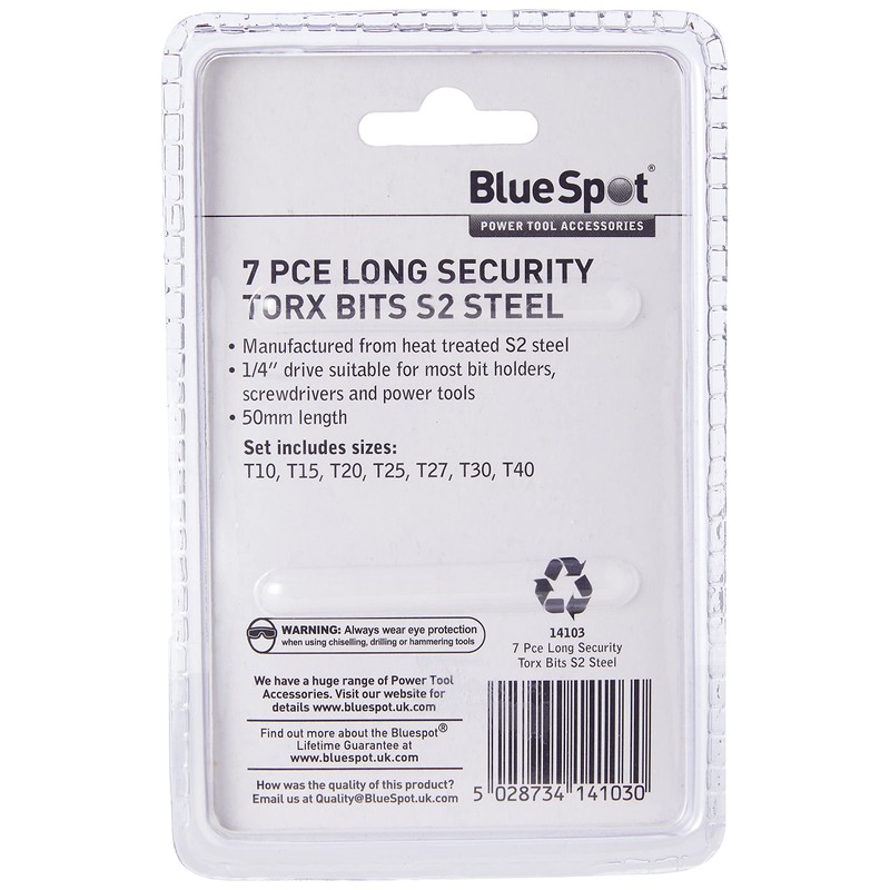 Blue Spot 14103 Long Security Torx Bits, Silver, Set of
