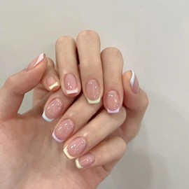 Press On Nails, Beauty Pattern Fake Nails, Summer Cute Stick on nails, Short Square Almond Ballet Shape Glue on Nails on 24PCs (Short Coloful French)