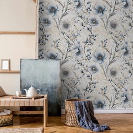 BEETAL Silver Floral Grey/Blue/White Poppy Flowers Peel and Stick Wallpaper Easy Peel Off Contact Paper Stick on Adhesive Wall Paper for Bathroom Waterproof Renter Friendly