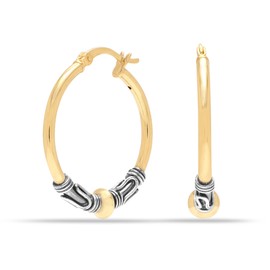 LeCalla 925 Sterling Silver Two-Tone Beaded Bohemian Bali Tribal Click-Top Hoop Earrings for Teen Women 25mm