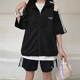 D.IIZOO Women's 2-Piece Track Suit, Short Sleeve Top and Bottom Set, Half Sleeves, Sweatshirt, Loose, Casual, Sports, Loungewear, Loose, Large Size, black (black 19-3911tcx), L