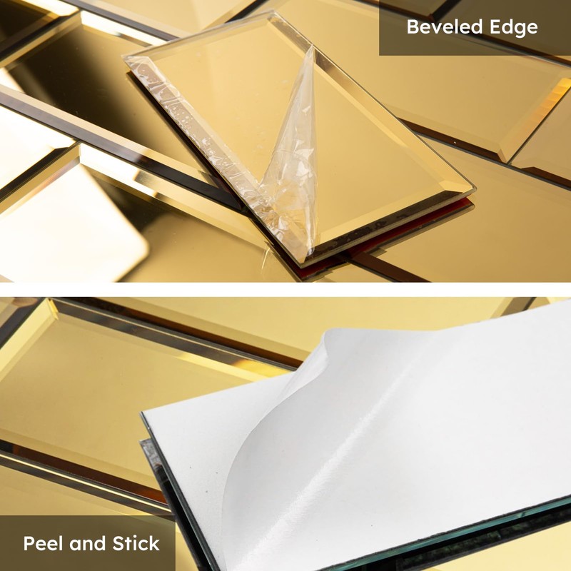 Diflart Peel and Stick Mirror Backsplash, Gold, 3x6 Inch, Beveled
