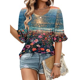 onlypuff Womens 3/4 Sleeve Tops Casual Shirts Tunic Tops Summer Round Neck Blouse XXL