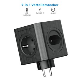 VOOMY 7-In-1 Steckdosenwürfel Ohne Kabel, Mehrfachsteckdose Mit USB Ladegerät, 3 USB-A Ports, 1 AC und 3 Euro Stecker, 4000W Steckdosenleiste Würfel, USB Verlängerungskabel, Schwarz