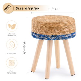 LGENHOOM Natural Handwoven Water Hyacinth Ottoman, Round Footstool with Solid Wood Legs, 17-Inch Multipurpose Vanity Stool, Dining Chair, or Patio Footrest for Balcony and Garden, Blue