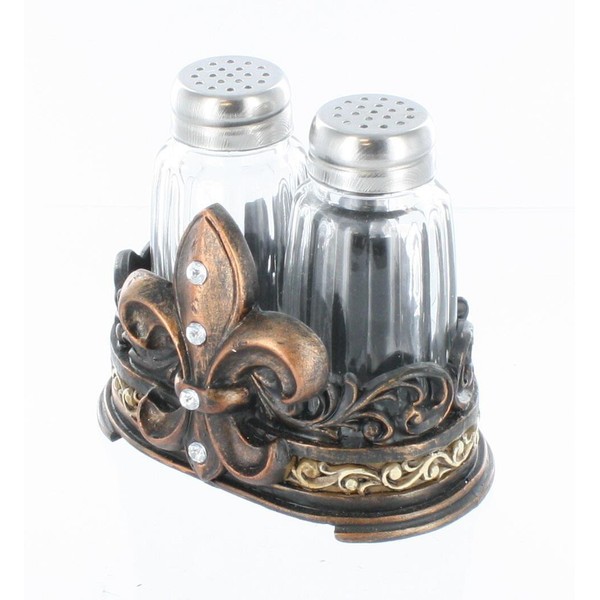 Fleur De Lis Salt & Pepper Shaker Set with Glass Shakers - Tuscan Creole Decor