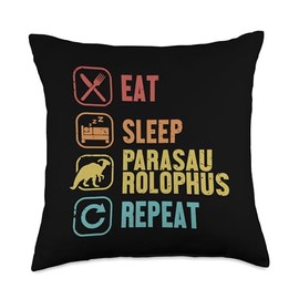 Plush Parasaurolophus Dinosaur Toy Costume Gifts Eat Sleep Repeat Dinosaur Parasaurolophus Throw Pillow, 18x18, Multicolor