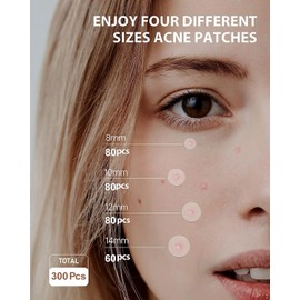Pimple Patches 300 Counts Acne Patch Spot Patches Blemish Stickers Hydrocolloid Invisible Patches Spot Dots Acne Effectively Face Skin Care,4 Sizes