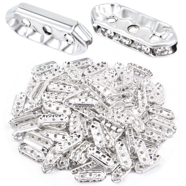 BronaGrand 100pcs Silver Rhinestone Spacer Bars 3 Holes Crystal Spacer