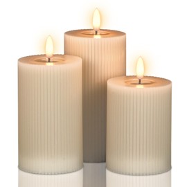 DRomance Battery Operated Flameless Candles with 6 Hour Timer 3 Pack Real Wax Vertical Stripe 3D Wick Flickering LED Pillar Candles Dinner Wedding Christmas Holiday Decor(Beige, 3" D x 5", 6", 7" H)