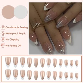 Pack of 24 Stick-On Nails Medium Almond, Nude Pink Natural French Press on Nails Silver Shiny Artificial Nails Ballerina Acrylic Fingernails for Women Girls