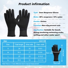 QKURT 3mm Neoprene Gloves, Wetsuit Gloves Anti-slip Diving Gloves Elastic Thermal Scuba Gloves for Men Women Diving, Surfing, Kayaking, Snorkeling, Sailing, Boating