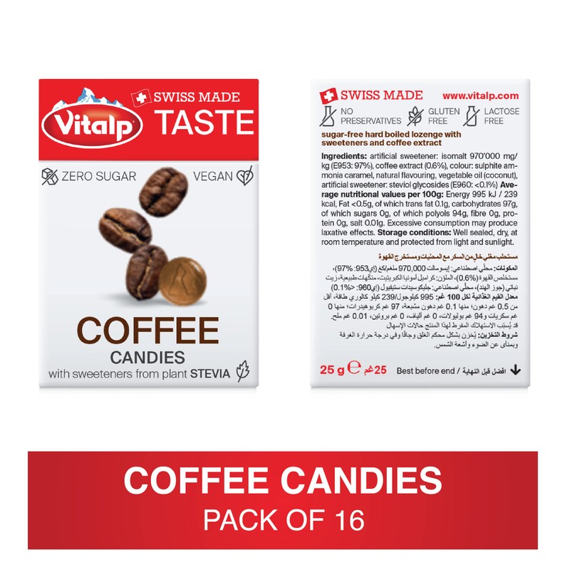 Vitalp Taste, Swiss Made, Sugar Free Candy with Stevia, Vegan,