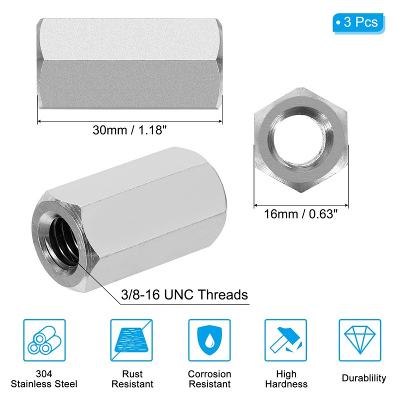 PATIKIL 3/8"-16 UNC 304 Stainless Steel Hex Coupling Nuts, 3Pcs