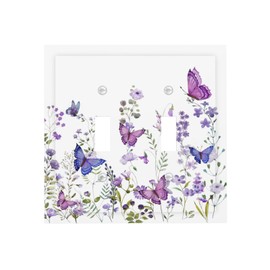 Brinkaloo Purple Butterfly Flowers Blossom Light Switch Plate Cover Decorative 2 Gang Double Toggle Floral Wall Plates Outlet Lightswitch Faceplate Electrical For Girls Bedroom Size 5 X 4.9