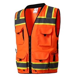 SKSAFETY 10 Pockets Professional Safety Vest, Class 2 High Visibility Vest with Zippe ＆ Reflective Strips, ANSI/ISEA Standard, Orange, Large