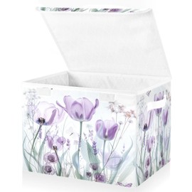 senya Baskets Collapsible Storage Bins with Lids, Purple Tulips Flowers Pastel Storage Boxes Clothes Baskets for Organizing, B06D22020