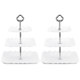NWK Pack of 2 Large Square 3-Tier Cupcake Stand 30cm Height Plastic Cake Stand Food Round Display for Wedding Birthday Graduation Afternoon Tea Party