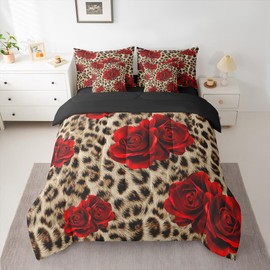 Erosebridal Leopard Print King Size Comforter Set, Red Rose 7-Piece Bed in A Bag, Brown Cheetah Sheets and Pillowcases, Safari Wildlife Animal Bedding Set Room Decor